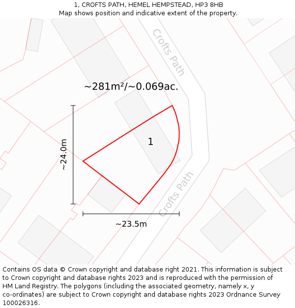 1, CROFTS PATH, HEMEL HEMPSTEAD, HP3 8HB: Plot and title map