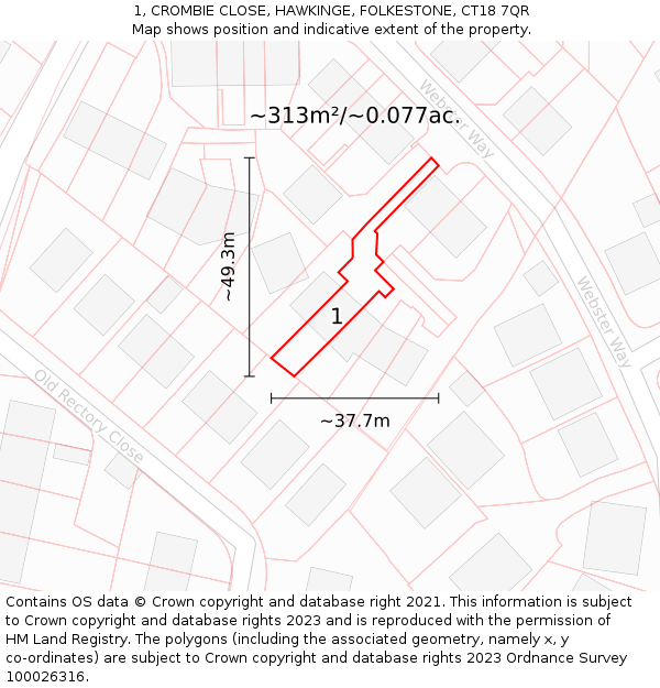 1, CROMBIE CLOSE, HAWKINGE, FOLKESTONE, CT18 7QR: Plot and title map