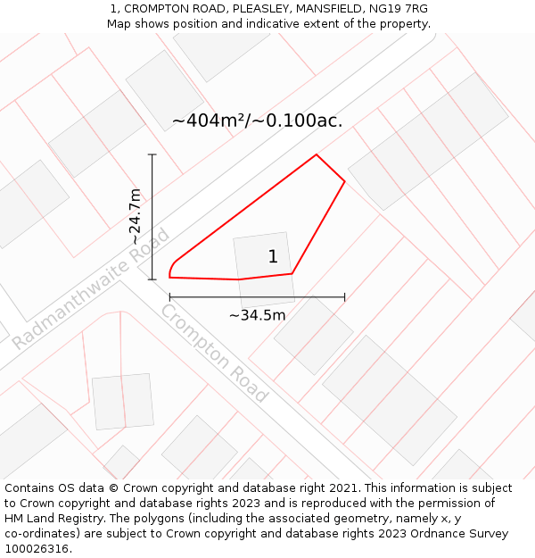 1, CROMPTON ROAD, PLEASLEY, MANSFIELD, NG19 7RG: Plot and title map