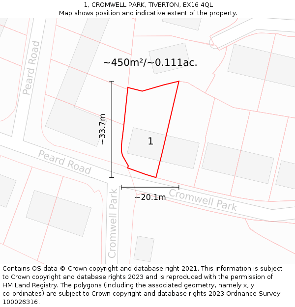 1, CROMWELL PARK, TIVERTON, EX16 4QL: Plot and title map