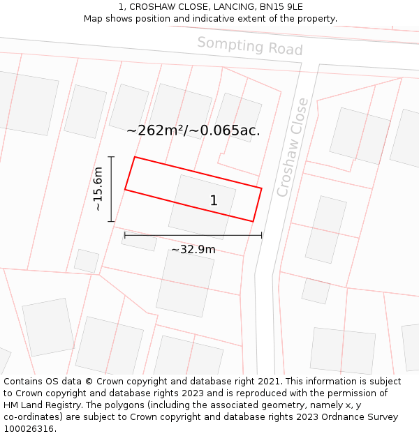1, CROSHAW CLOSE, LANCING, BN15 9LE: Plot and title map