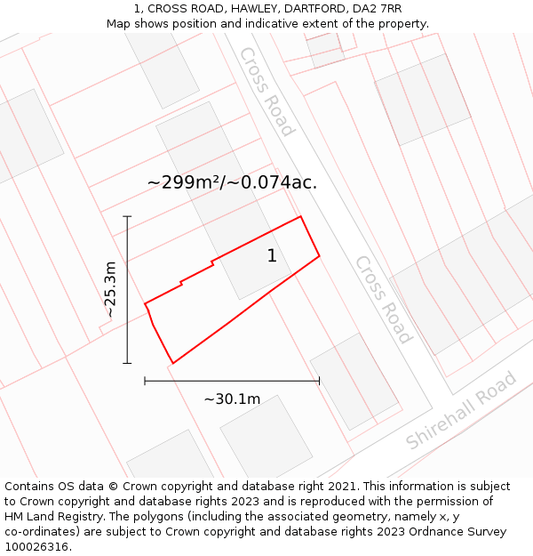 1, CROSS ROAD, HAWLEY, DARTFORD, DA2 7RR: Plot and title map