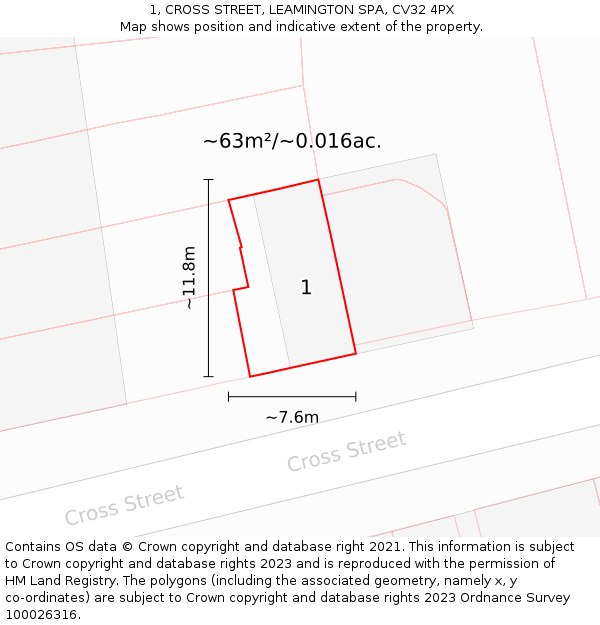 1, CROSS STREET, LEAMINGTON SPA, CV32 4PX: Plot and title map