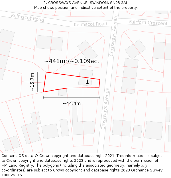 1, CROSSWAYS AVENUE, SWINDON, SN25 3AL: Plot and title map