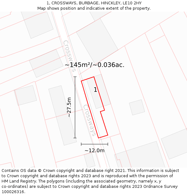 1, CROSSWAYS, BURBAGE, HINCKLEY, LE10 2HY: Plot and title map