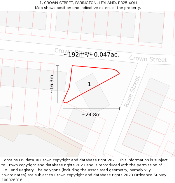 1, CROWN STREET, FARINGTON, LEYLAND, PR25 4QH: Plot and title map