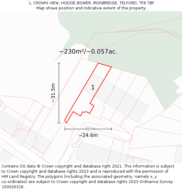 1, CROWN VIEW, HODGE BOWER, IRONBRIDGE, TELFORD, TF8 7BF: Plot and title map