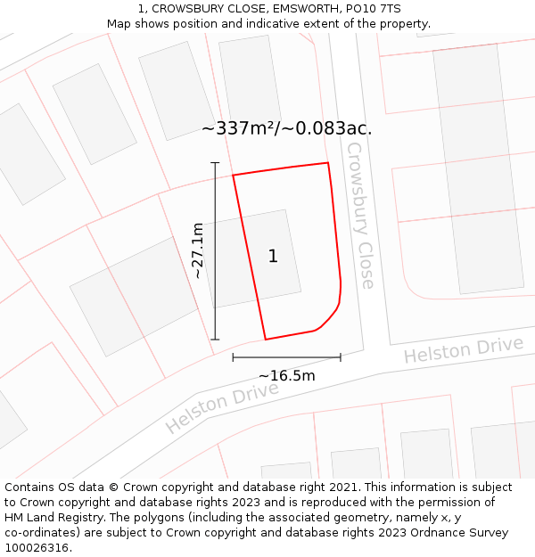 1, CROWSBURY CLOSE, EMSWORTH, PO10 7TS: Plot and title map