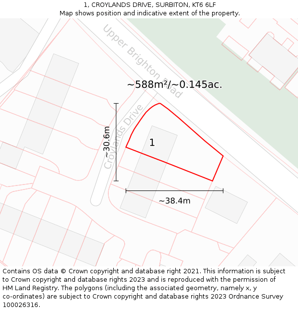 1, CROYLANDS DRIVE, SURBITON, KT6 6LF: Plot and title map
