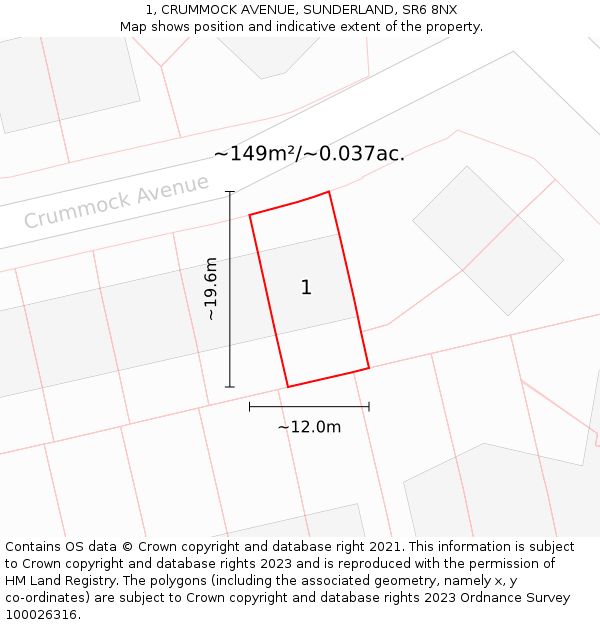1, CRUMMOCK AVENUE, SUNDERLAND, SR6 8NX: Plot and title map