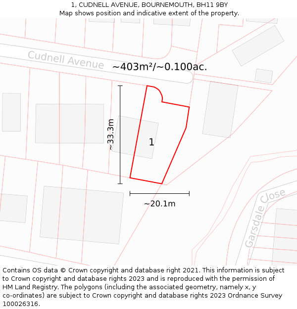 1, CUDNELL AVENUE, BOURNEMOUTH, BH11 9BY: Plot and title map