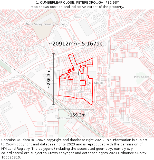 1, CUMBERLEAF CLOSE, PETERBOROUGH, PE2 9SY: Plot and title map