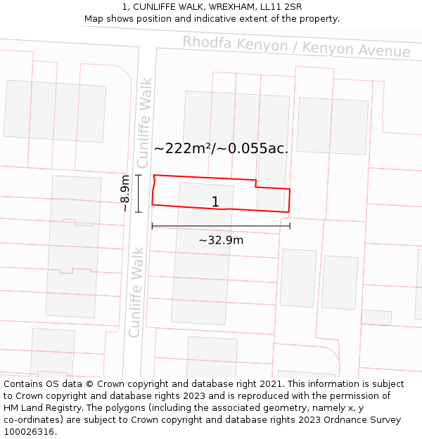 1, CUNLIFFE WALK, WREXHAM, LL11 2SR: Plot and title map