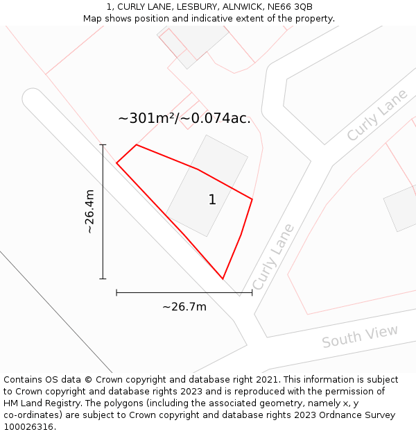 1, CURLY LANE, LESBURY, ALNWICK, NE66 3QB: Plot and title map