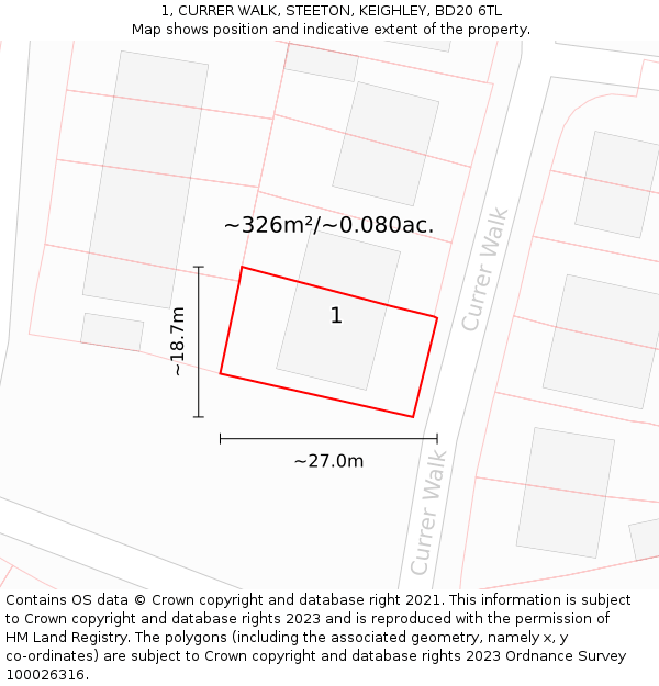 1, CURRER WALK, STEETON, KEIGHLEY, BD20 6TL: Plot and title map