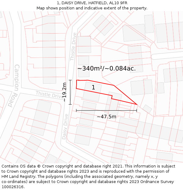 1, DAISY DRIVE, HATFIELD, AL10 9FR: Plot and title map