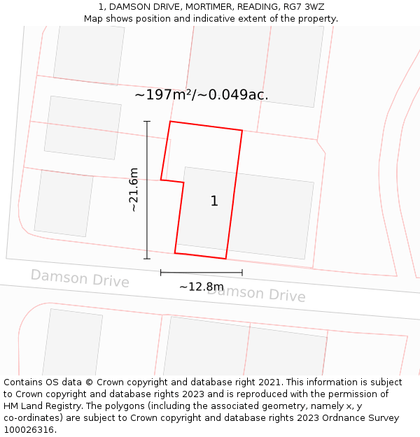 1, DAMSON DRIVE, MORTIMER, READING, RG7 3WZ: Plot and title map
