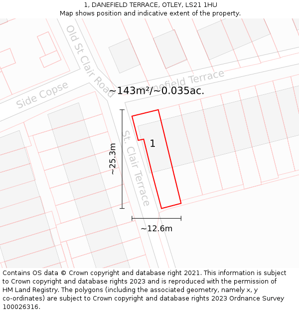 1, DANEFIELD TERRACE, OTLEY, LS21 1HU: Plot and title map