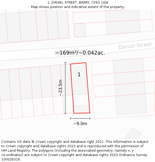 1, DANIEL STREET, BARRY, CF63 1QW: Plot and title map