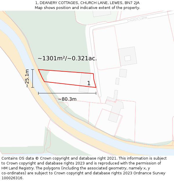 1, DEANERY COTTAGES, CHURCH LANE, LEWES, BN7 2JA: Plot and title map