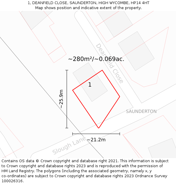 1, DEANFIELD CLOSE, SAUNDERTON, HIGH WYCOMBE, HP14 4HT: Plot and title map