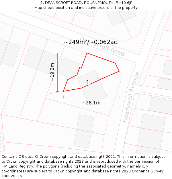 1, DEANSCROFT ROAD, BOURNEMOUTH, BH10 6JP: Plot and title map