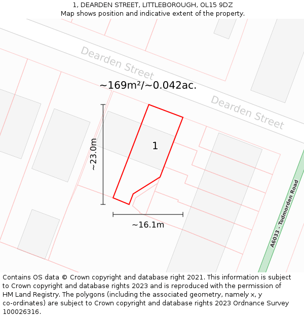1, DEARDEN STREET, LITTLEBOROUGH, OL15 9DZ: Plot and title map
