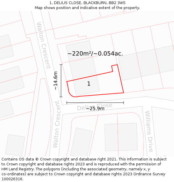 1, DELIUS CLOSE, BLACKBURN, BB2 3WS: Plot and title map