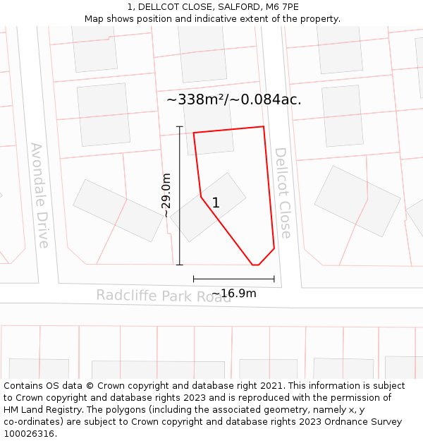 1, DELLCOT CLOSE, SALFORD, M6 7PE: Plot and title map