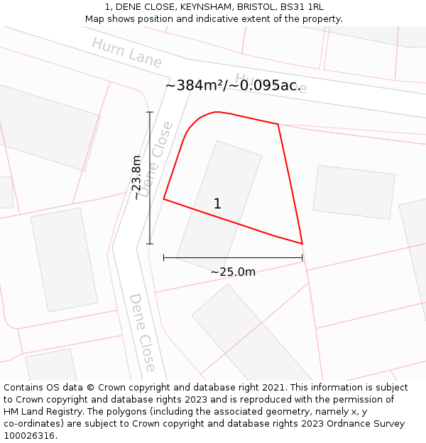 1, DENE CLOSE, KEYNSHAM, BRISTOL, BS31 1RL: Plot and title map