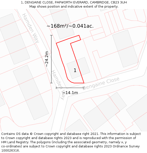 1, DENGAINE CLOSE, PAPWORTH EVERARD, CAMBRIDGE, CB23 3UH: Plot and title map