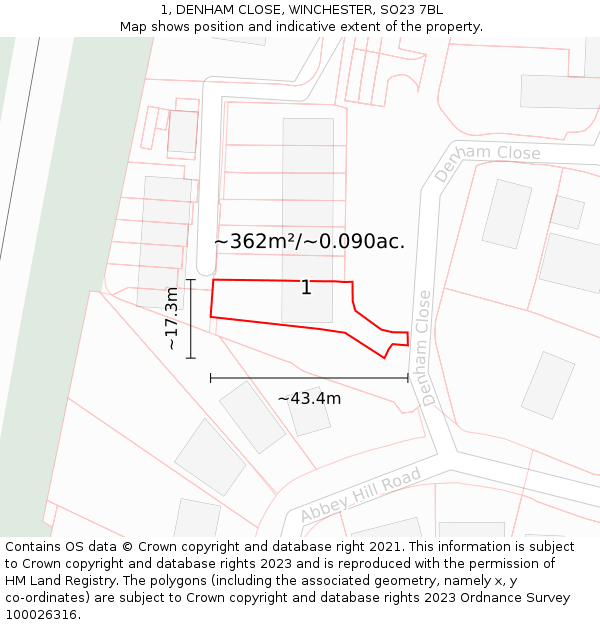 1, DENHAM CLOSE, WINCHESTER, SO23 7BL: Plot and title map