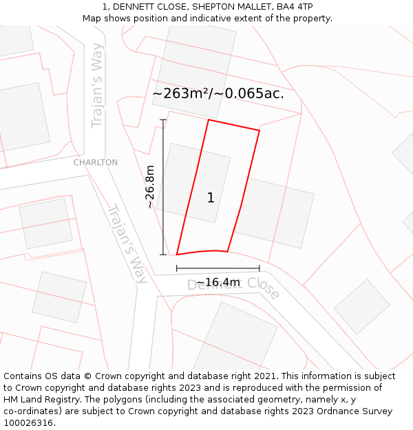 1, DENNETT CLOSE, SHEPTON MALLET, BA4 4TP: Plot and title map