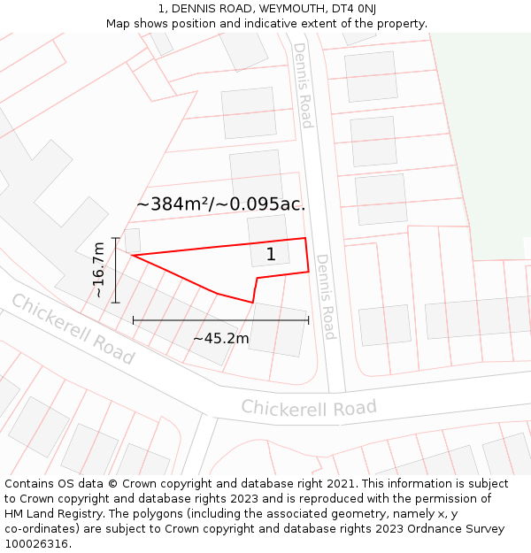 1, DENNIS ROAD, WEYMOUTH, DT4 0NJ: Plot and title map