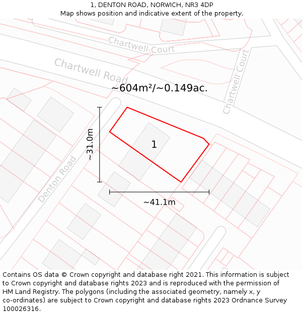 1, DENTON ROAD, NORWICH, NR3 4DP: Plot and title map