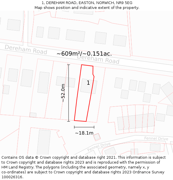 1, DEREHAM ROAD, EASTON, NORWICH, NR9 5EG: Plot and title map