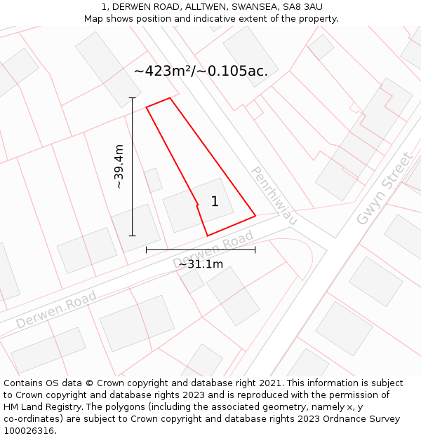 1, DERWEN ROAD, ALLTWEN, SWANSEA, SA8 3AU: Plot and title map