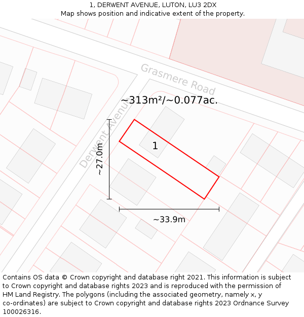 1, DERWENT AVENUE, LUTON, LU3 2DX: Plot and title map