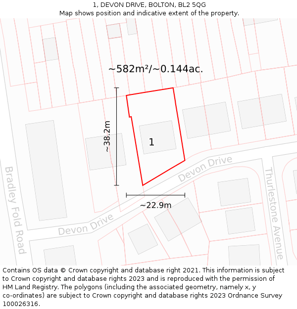 1, DEVON DRIVE, BOLTON, BL2 5QG: Plot and title map