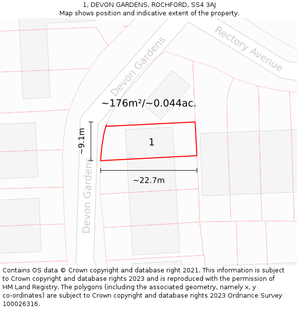 1, DEVON GARDENS, ROCHFORD, SS4 3AJ: Plot and title map
