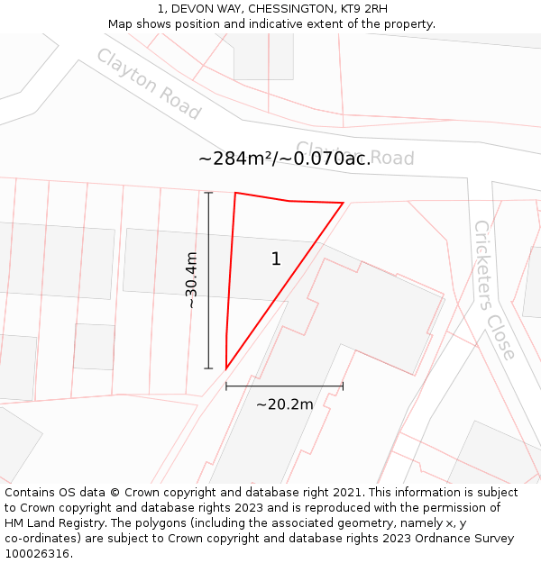 1, DEVON WAY, CHESSINGTON, KT9 2RH: Plot and title map