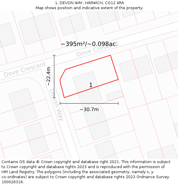 1, DEVON WAY, HARWICH, CO12 4RA: Plot and title map