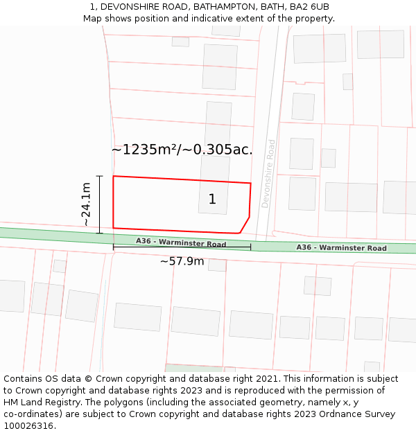 1, DEVONSHIRE ROAD, BATHAMPTON, BATH, BA2 6UB: Plot and title map