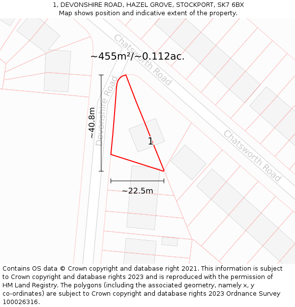 1, DEVONSHIRE ROAD, HAZEL GROVE, STOCKPORT, SK7 6BX: Plot and title map