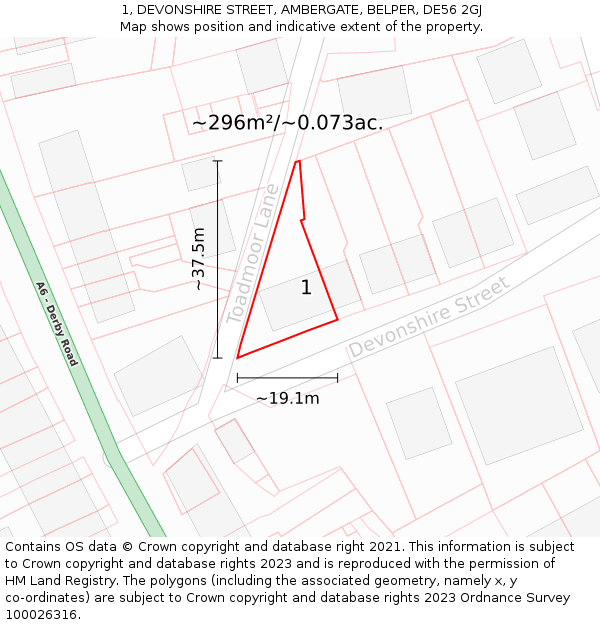 1, DEVONSHIRE STREET, AMBERGATE, BELPER, DE56 2GJ: Plot and title map