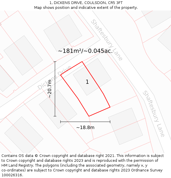 1, DICKENS DRIVE, COULSDON, CR5 3FT: Plot and title map