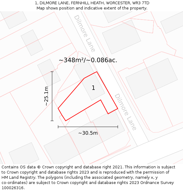 1, DILMORE LANE, FERNHILL HEATH, WORCESTER, WR3 7TD: Plot and title map