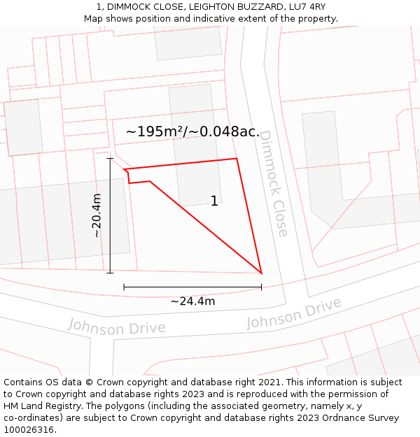 1, DIMMOCK CLOSE, LEIGHTON BUZZARD, LU7 4RY: Plot and title map