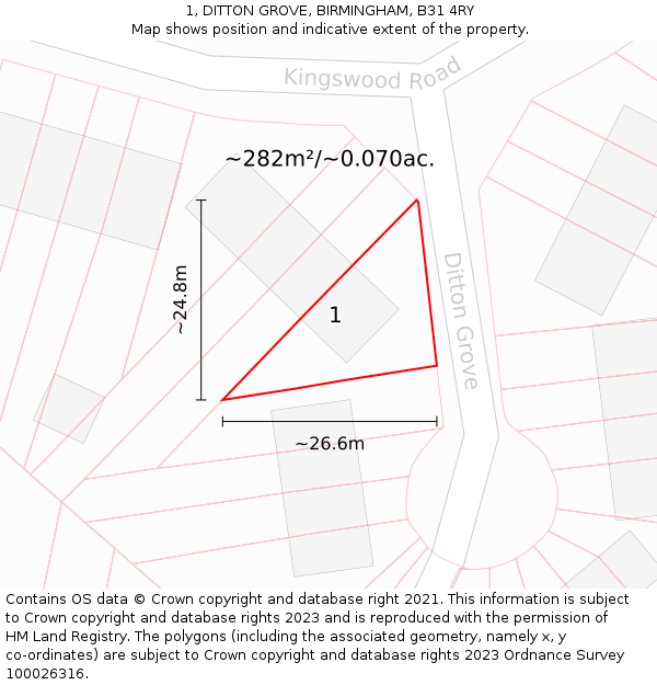 1, DITTON GROVE, BIRMINGHAM, B31 4RY: Plot and title map