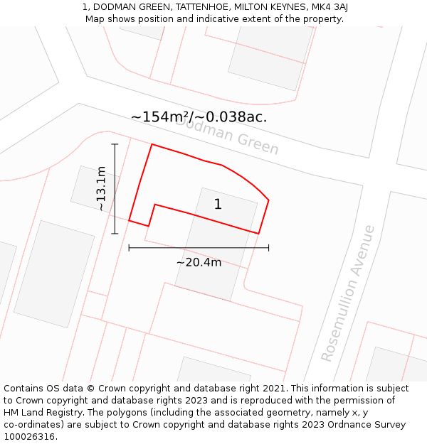 1, DODMAN GREEN, TATTENHOE, MILTON KEYNES, MK4 3AJ: Plot and title map